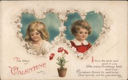 Two Children in Heart-Shaped Frames, Valentine's Day Greeting Postcard