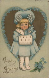 Valentine Girl in Blue Coat with Muff Postcard