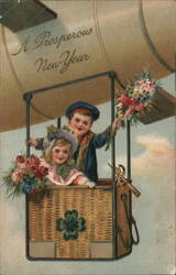 Children in Hot Air Balloon Basket, Happy New Year Greeting Postcard