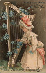 Young Girl Playing Harp with Forget-Me-Nots, Happy New Year Postcard