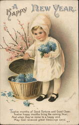 Little Girl with Forget-Me-Nots, Happy New Year Greeting Postcard