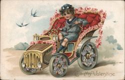 Boy in Floral Car, Valentine's Greeting Postcard