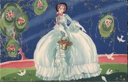 Elegant Woman in White Gown with Basket of Roses Postcard