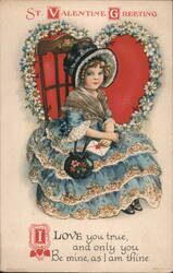 Victorian Girl in Blue Dress with Valentine, Heart-Shaped Frame Postcard