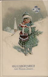 Girl with Doll and Evergreen Sprig in Snowy Winter Scene Postcard