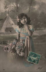 Girl with Flower Basket, Bonne Fête French Postcard Postcard