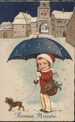 Child with Blue Umbrella and Dog, Bonne Année Greeting Postcard