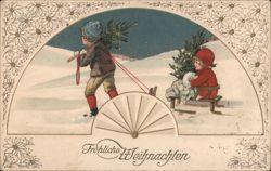 Children with Christmas Trees, Boy Pulling Sled, Girl Sitting Postcard