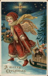 Christmas Angel with Toys Sled Postcard
