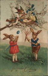 Anthropomorphic Easter Bunnies with Egg and Pussy Willow Postcard