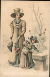Elegant Woman and Children Feeding Birds in Winter Postcard