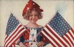 Young Girl Wearing Red, White & Blue holding American Flags Postcard