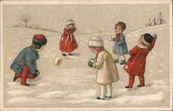 Children Having a Snowball Fight, Bonne Année Postcard