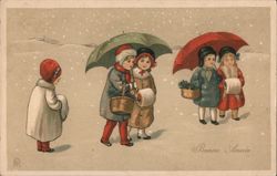Children with Umbrellas and Baskets in the Snow, Bonne Année Postcard
