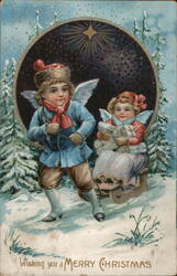 Angelic Children Sledding Under Starlit Sky Postcard
