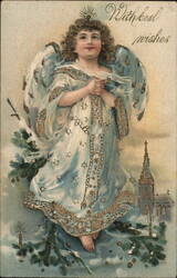 Angelic Christmas Greetings with Church Scene Postcard