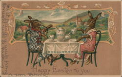 Anthropomorphic Rabbits Enjoy Easter Tea Postcard