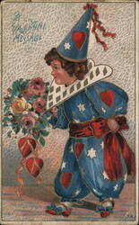 Valentine Clown with Bouquet and Heart-Shaped Balloons Postcard