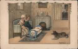 Children with Baby in Cradle, Dog Watching, by Paul Floner Postcard