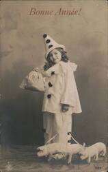 Child in Clown Costume with Toy Pigs, Bonne Année Greeting Postcard