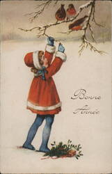 Little Girl Feeding Robins in Winter, Bonne Année Greeting Postcard