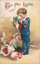Boy with Valentine Candy and Heart, Vintage Illustration Postcard