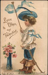 Boy with Love Token Banner, Valentine's Day Greeting Postcard