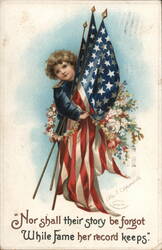 Young Boy Holding American Flags with Flowers Postcard