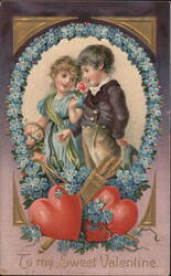 Sweet Valentine Children with Forget-Me-Nots and Hearts Postcard