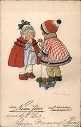 Children Exchanging Gifts: New Year's Greeting Postcard