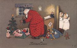 Santa Claus Prepares Christmas Toys with Angels (Reproduction) Postcard