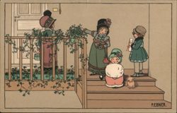Children on Porch with Greenery, Vintage Illustration Postcard