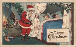 Santa Claus Tiptoes Past Sleeping Children on Christmas Eve Postcard