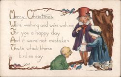 Merry Christmas Children with Bluebirds, Antique Holiday Postcard Postcard