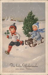 Children with Christmas Tree and Clover, New Year's Greetings Postcard