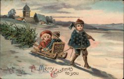Children Pulling Christmas Tree on Sled Postcard