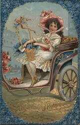 Girl in Horse-Drawn Carriage with Forget-Me-Nots, Best Wishes Postcard