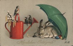 Easter Bunny with Umbrella, Watering Can, and Birds Postcard
