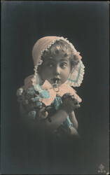 Little Girl with Pacifier and Roses, Pink and Blue Bonnet Postcard