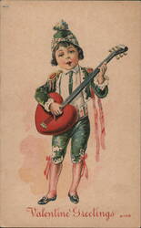 Boy with Heart-Shaped Guitar, Valentine Greetings Postcard