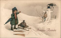 Child with Sled and Snowman, Bonne Année Greeting Postcard