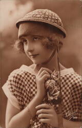 Girl in Checkered Dress & Hat Holding Roses Postcard