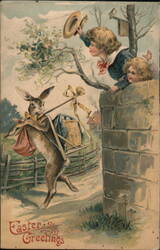 Easter Bunny Delivering Eggs, Children Watching Postcard