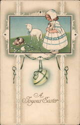 Little Girl with Lamb, Rabbit, and Easter Egg Postcard