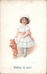 Young Girl with Piglet, Boldog új évet! Hungarian New Year's Greeting Postcard