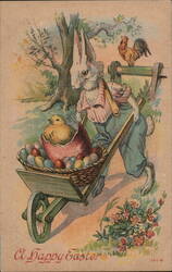 Anthropomorphic Easter Bunny with Chick and Eggs in Wheelbarrow Postcard