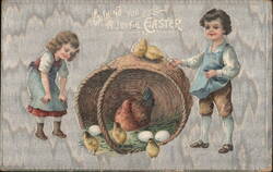 Wishing You a Joyful Easter: Children with Chicks and Hen in Basket Postcard