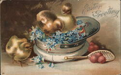 Easter Chicks in a Sailor Hat with Forget-Me-Nots Postcard