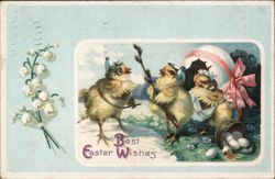 Three Chicks Hatching from Easter Egg with Lilies of the Valley Postcard