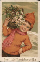 Child with Flower Basket, New Year's Greeting Postcard